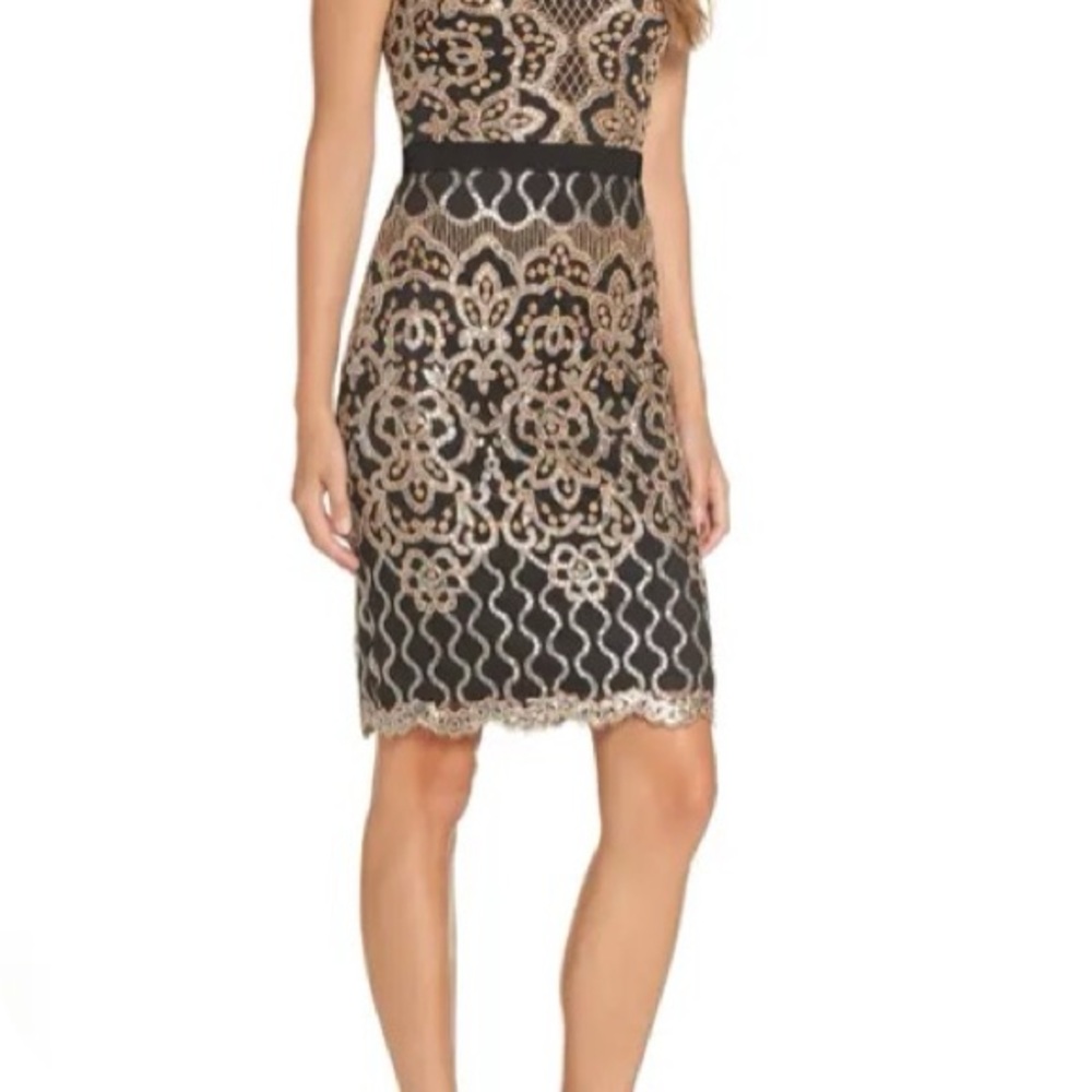 Tadashi Shoji Sequin Lace Body-Con Cocktail Black Gold Dress Sz 8 - Picture 2 of 5